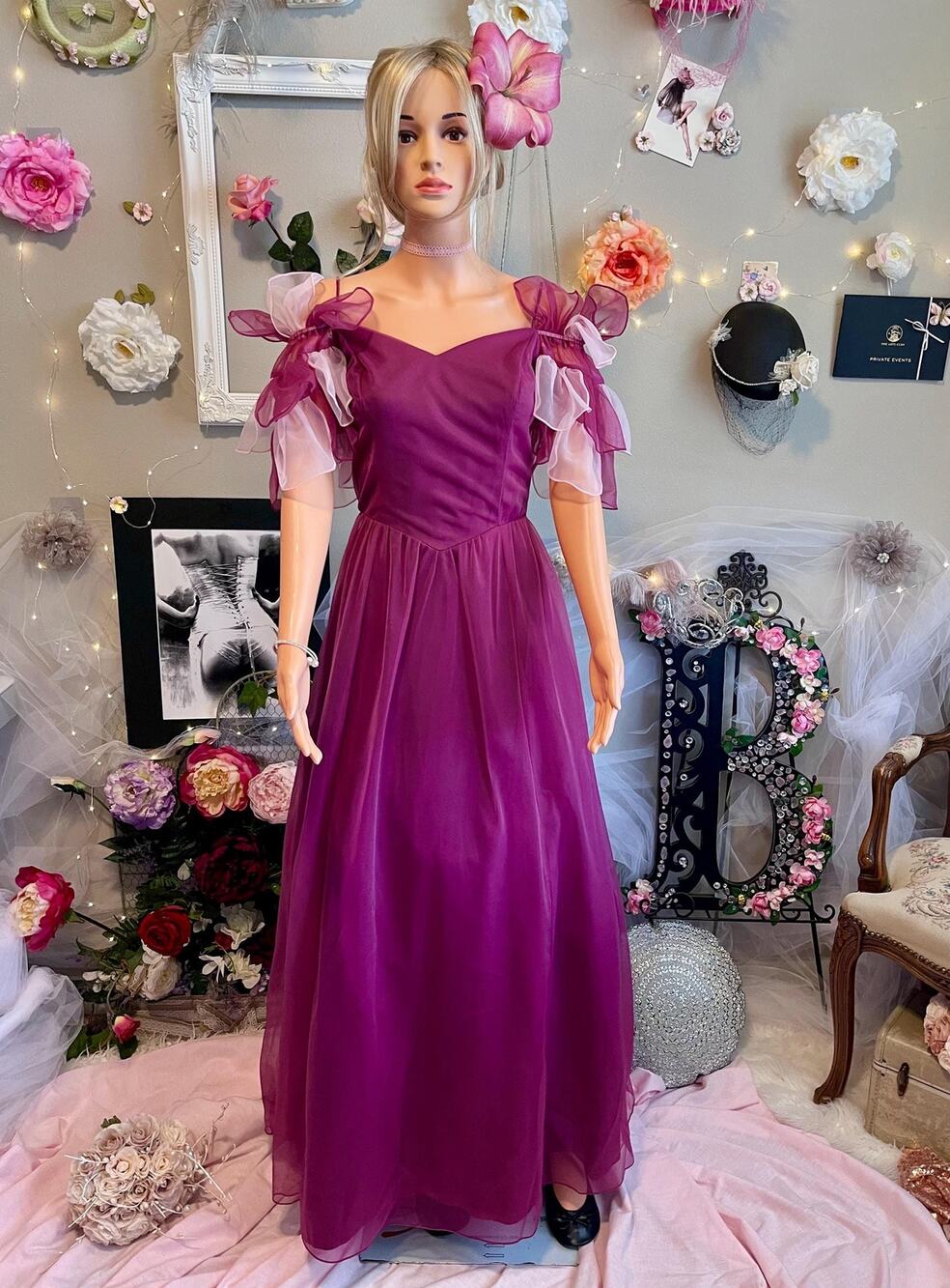 Vintage Raspberry Purple Long Formal Dress Flared Sleeves Pink size M